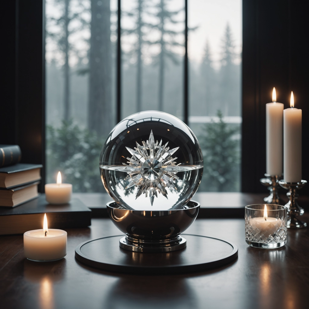 Crystal ball and lit candles in a refined, minimal setting, evoking meditation, mindfulness, and Aurazette's elevated beauty frequency.”