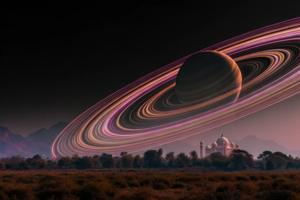 Saturn overlooking a mystical kingdom symbolizing Saturn return, transformation, self-discovery, and personal evolution