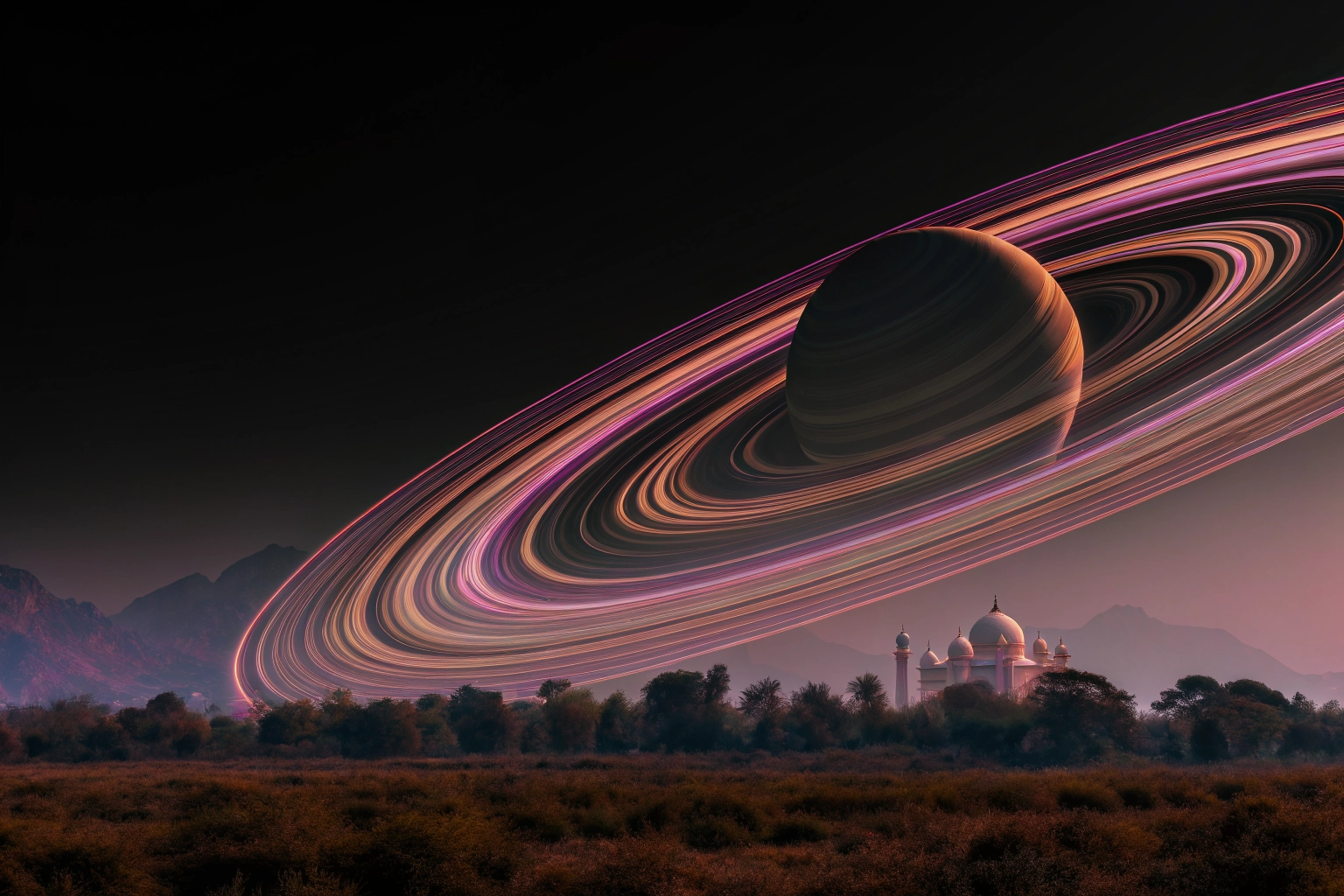 Saturn overlooking a mystical kingdom symbolizing Saturn return, transformation, self-discovery, and personal evolution