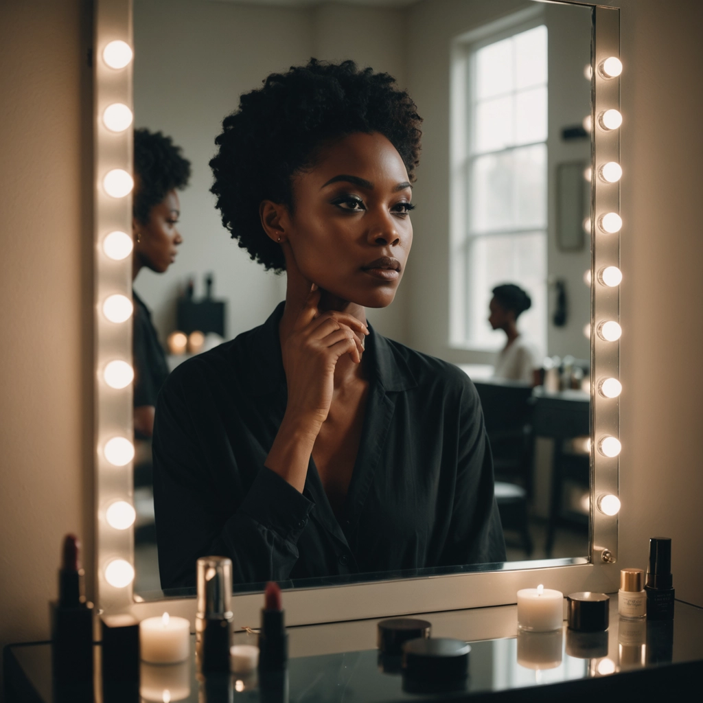 Makeup artist looking at their reflection in a quiet moment of self-awareness and focus