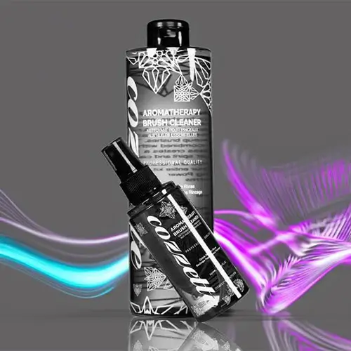 Cozzette Beauty Aromatherapy Brush Cleaner spray and bottle for cleaning professional makeup brushes with antibacterial and conditioning properties