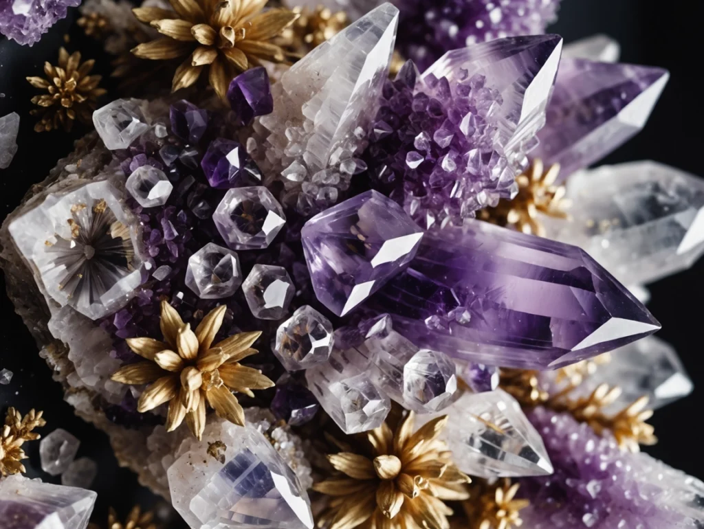 Amethyst crystals with gold accents representing energy, frequency, and elevated beauty